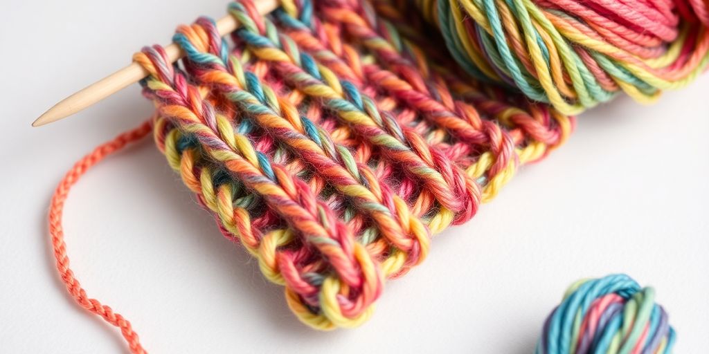 Colorful hand-dyed yarn, knitted into a small project.