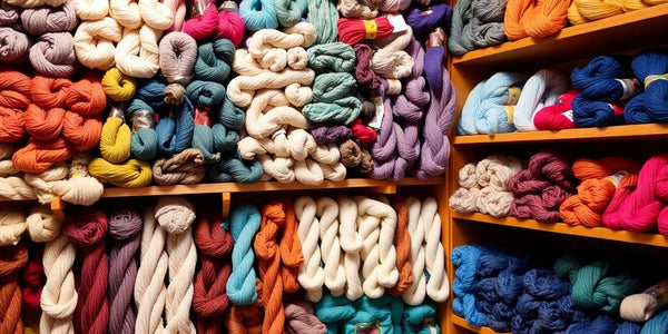 Colorful yarn skeins neatly arranged on shelves.