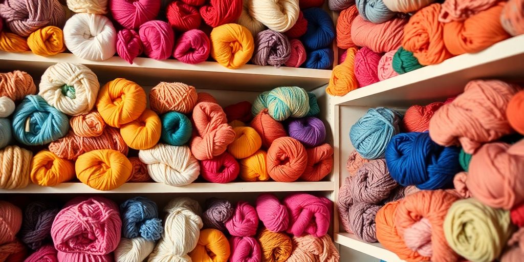Colorful yarn skeins displayed in a cozy craft store.