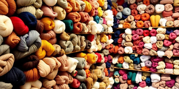 Colorful yarn skeins neatly arranged in a cozy shop.