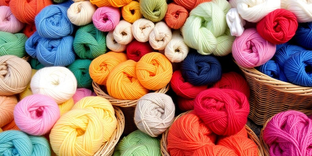 Colorful yarn skeins neatly arranged in baskets.