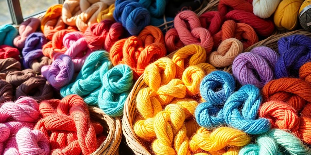 Colorful yarn skeins neatly arranged in baskets.