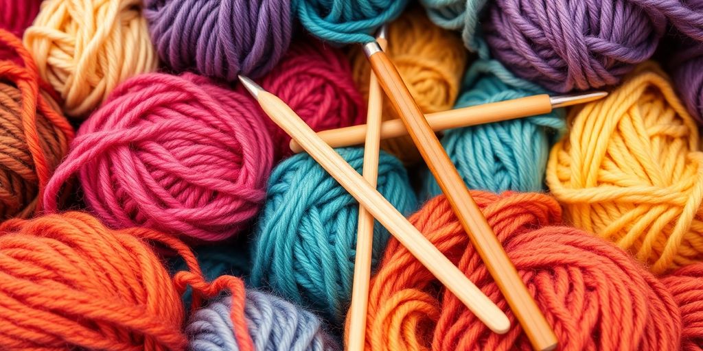 Colorful yarn skeins, knitting needles, crochet hooks