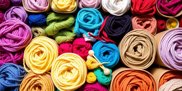Colorful yarn skeins neatly arranged in baskets.