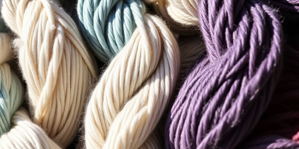 Close-up, various richly-colored yarn skeins.