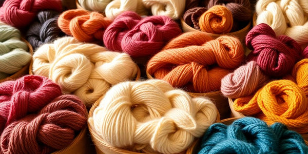 Colorful yarns spilling from baskets.