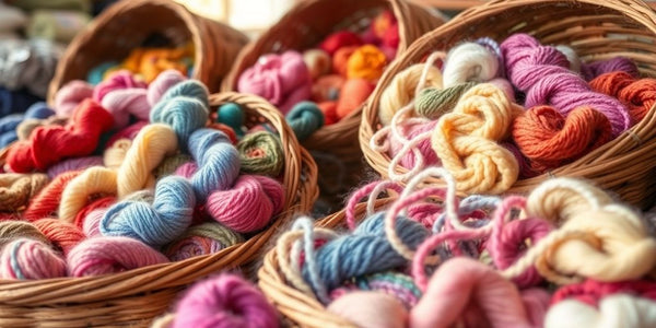 Colorful yarn skeins neatly arranged in baskets.