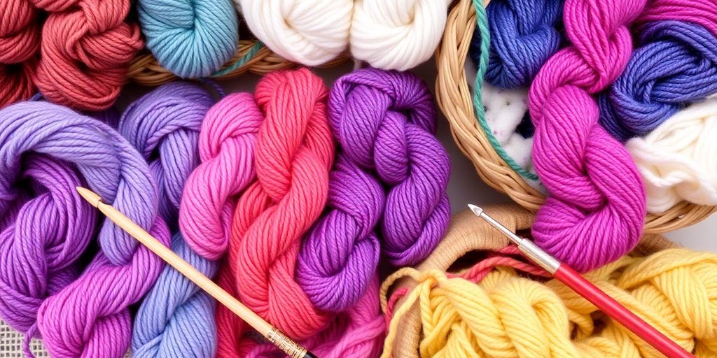 Colorful yarn skeins and knitting needles on display.