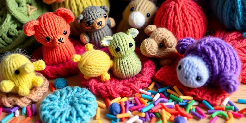 Knitted items made from colorful yarn scraps.