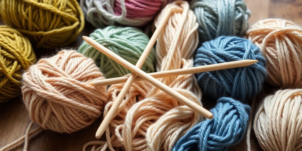 Colorful yarn skeins with knitting needles.