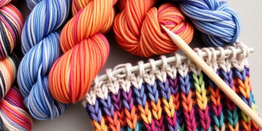 Yarn skeins, color pooling, knitting needles