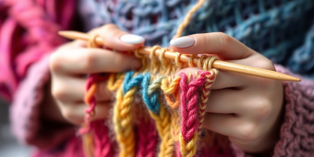 Close-up hand knitting colorful yarn swatch.