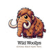 Cartoon woolly mammoth logo for Wild Woollys yarn on a white background