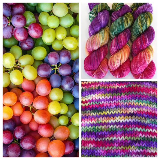 Wild Woollys hand-dyed yarn - Summer Berry colorway showing vibrant colors