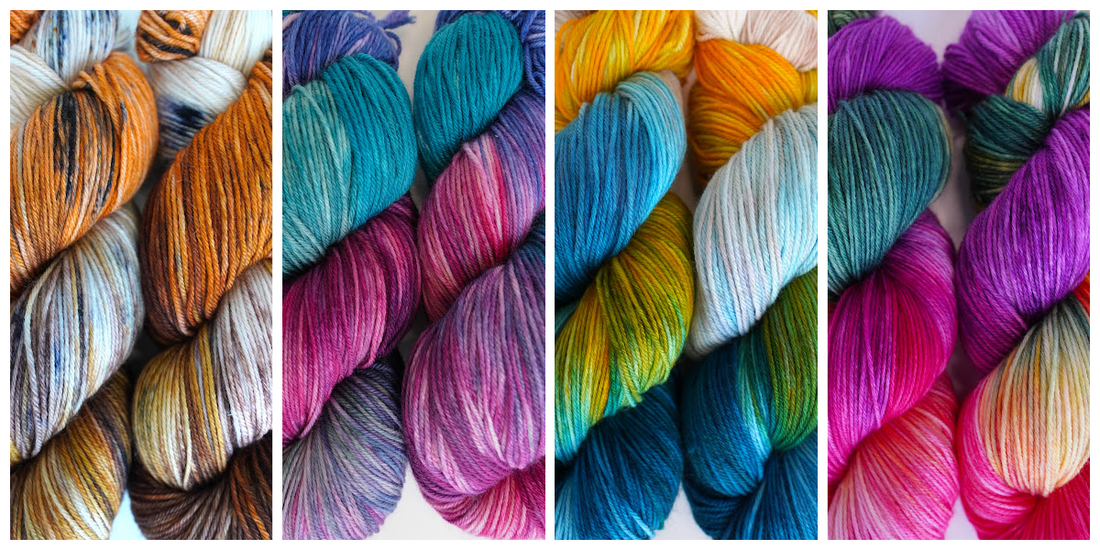 four skeins of colorful yarn in varying colorways