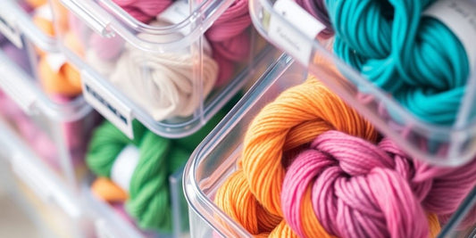 Yarn skeins on a light background in organized storage.