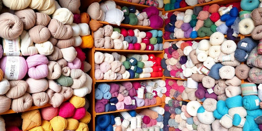 Colorful yarn skeins neatly arranged on shelves in a store.