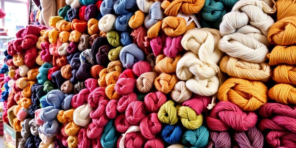 Colorful yarn skeins in various textures and shades.