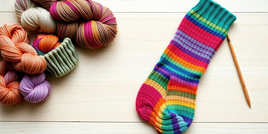 Socks, hand-dyed yarn, knitting needles, wooden surface.