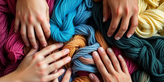 Yarn skeins next to diverse hands.