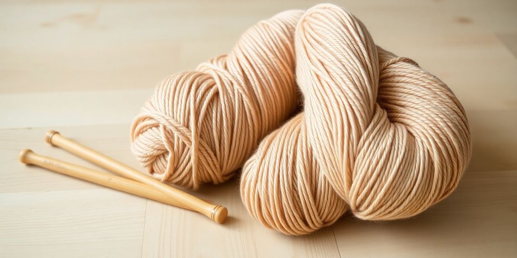 Bulky and super bulky yarn skeins next to knitting needles.