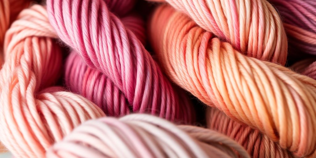 Yarn skeins transitioning colors, close-up.