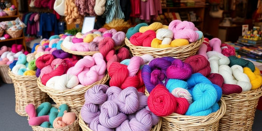 Colorful yarn skeins arranged in baskets.