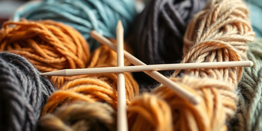 Skeins of colorful yarn with knitting needles.