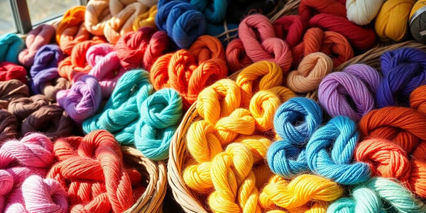 Colorful yarn skeins neatly arranged in baskets.