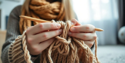 Hands knitting with bulky yarn and large needles.