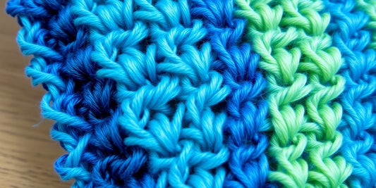 Crocheted fabric with vibrant, self-striping yarn.
