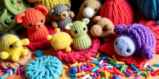 Knitted items made from colorful yarn scraps.