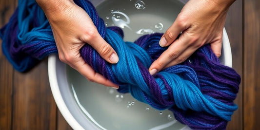 A close-up of hands gently washing hand-dyed wool.