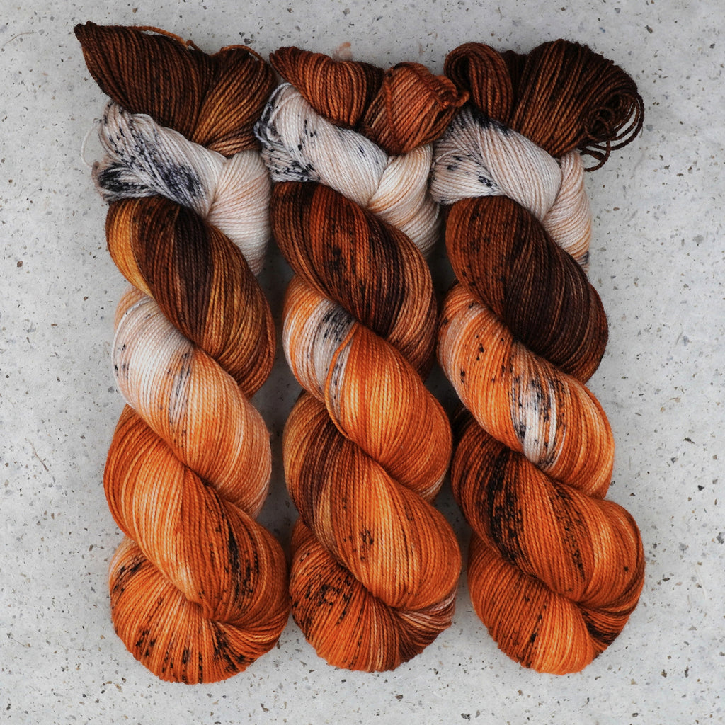 Wild Woollys Autumn Mocha Fingering yarn, three skeins in brown, orange, and cream with dark speckles