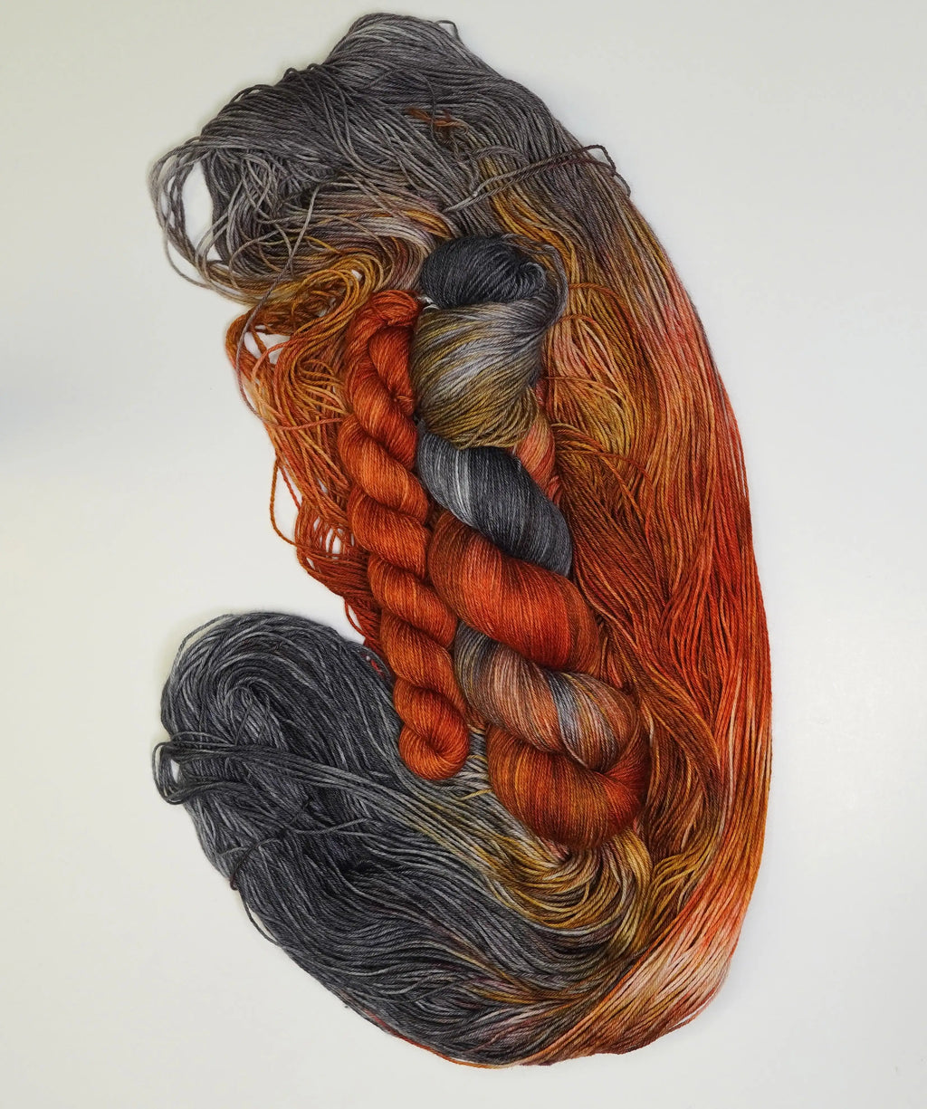 Wild Woollys Cobalt Rust Fingering Sock Set with grey, orange, and rust-colored yarn