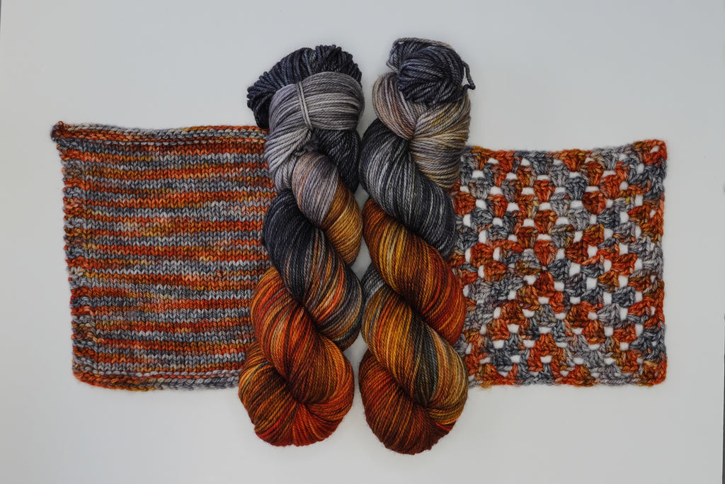 Wild Woollys Cobalt Rust yarn with knitted and crocheted swatches