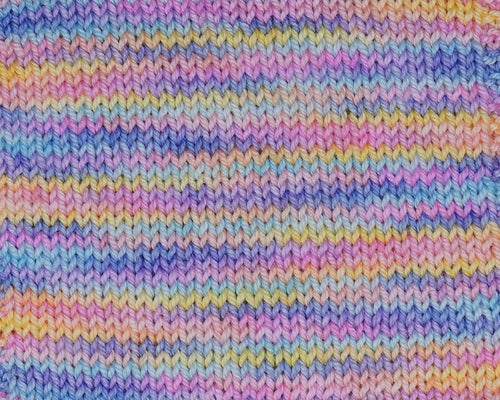 Wild Woollys Fantasy yarn swatch in pastel pink, yellow, blue, and purple stripes