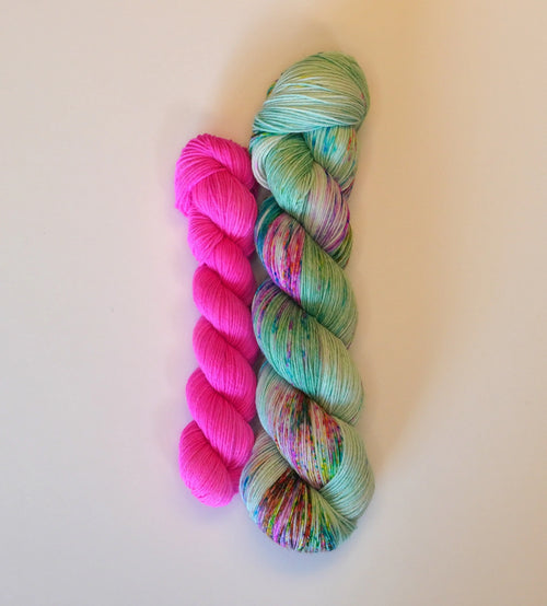 Undersea Garden Fingering Sock Set by Wild Woollys, one skein of bright pink yarn and one variegated