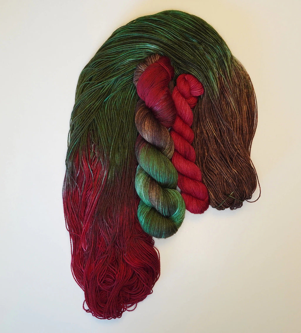 Wild Woollys Woodland Christmas Fingering Sock Set with green, red, and brown yarn