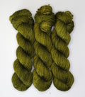 Wild Woollys Fiddlehead Fern yarn in three skeins, a deep olive green color