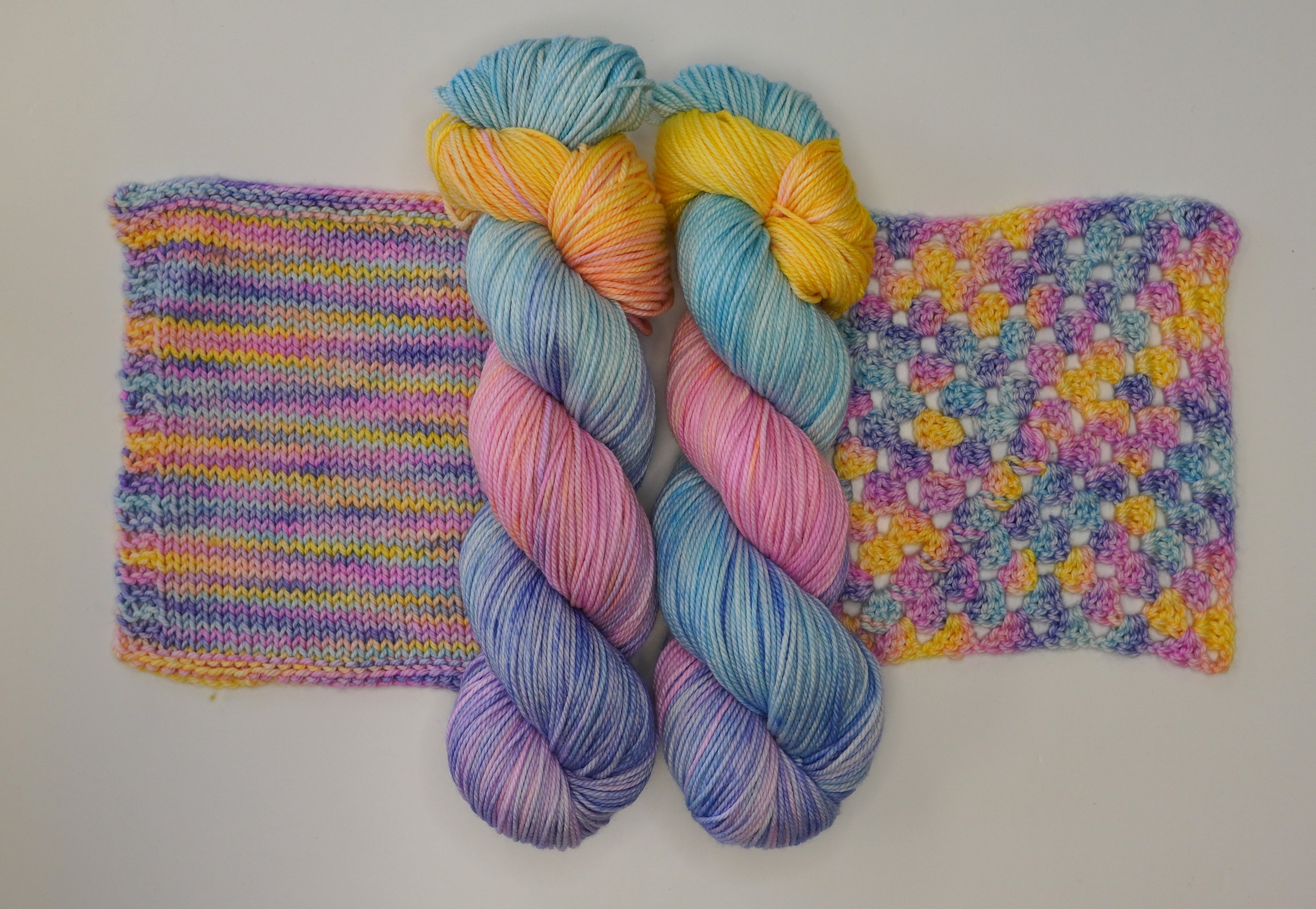 Wild Woollys Fantasy yarn with knitted and crocheted swatches