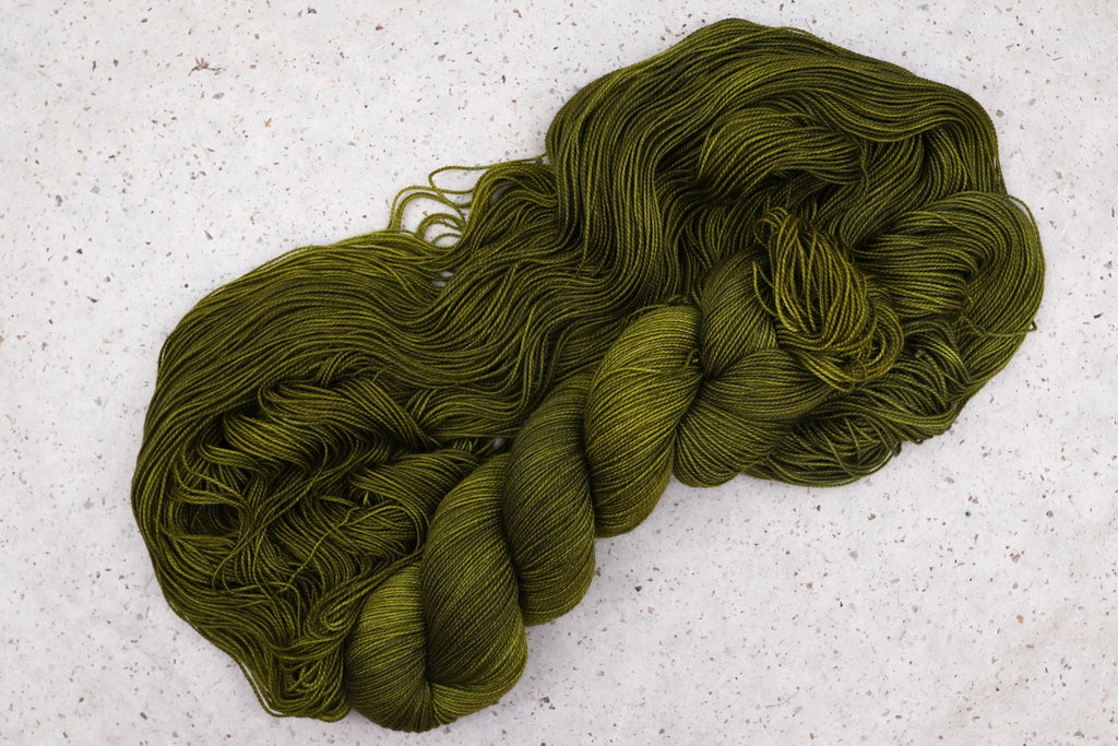Fiddlehead Fern Garn von Wild Woollys — ein aufgedrehter Strang in tiefem Olivgrün