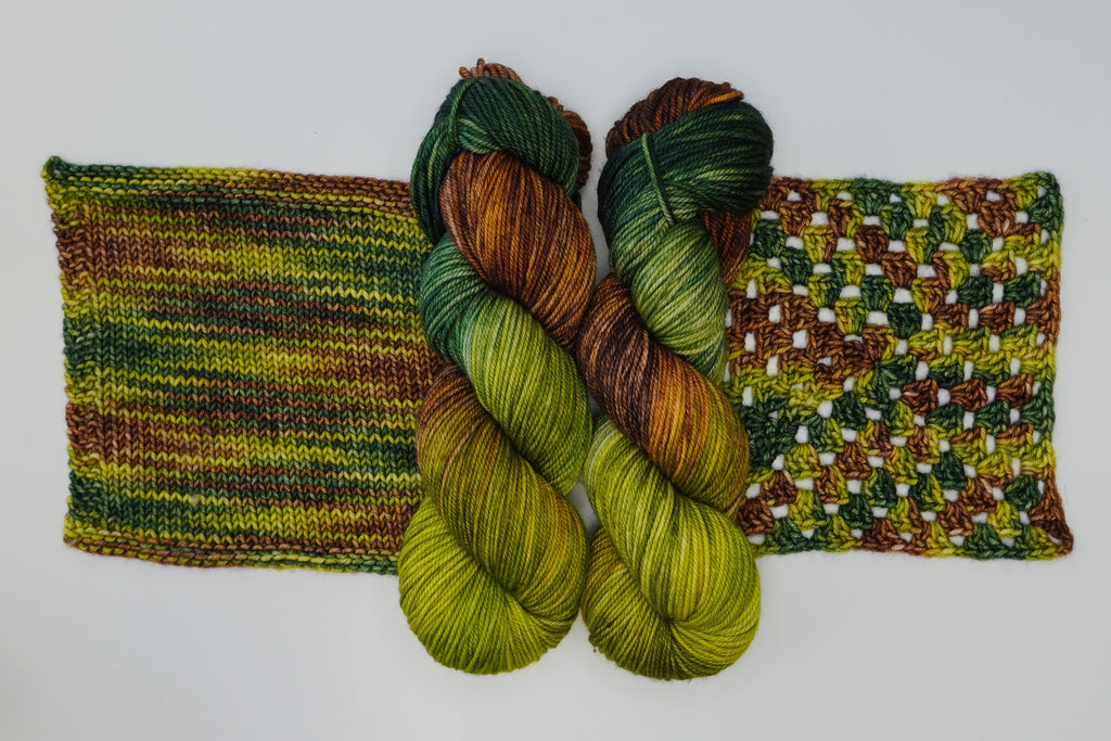 Wild Woollys Jungle Juice yarn with knitted and crocheted swatches