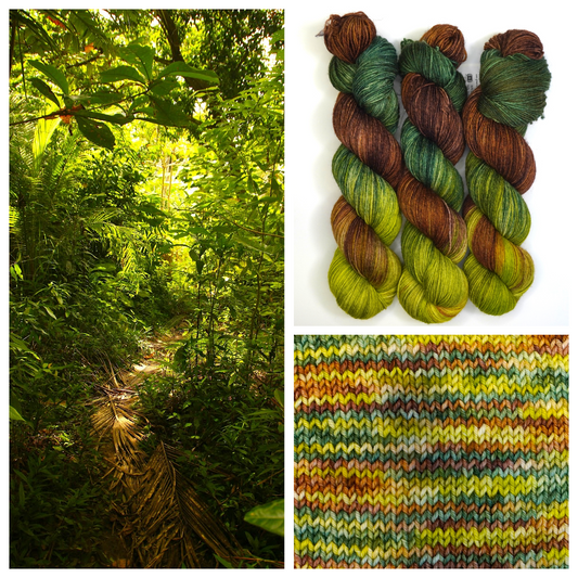 Collage of a forest path, skeins of yarn, and a knitted fabric with green and brown tones.