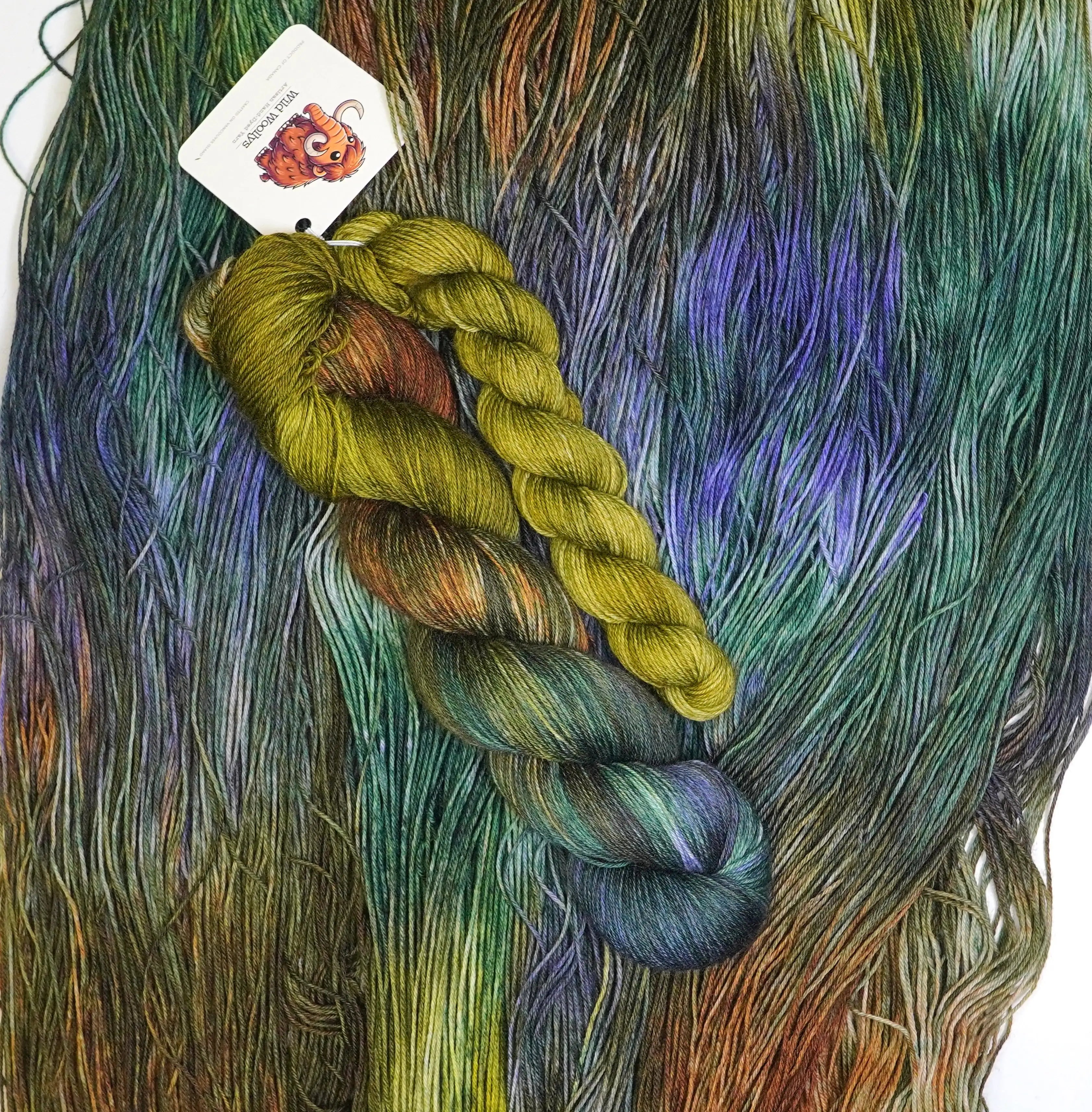 Wild Woollys Mycelium Bloom Fingering Sock Set, two skeins of yarn in green, brown, and purple hues