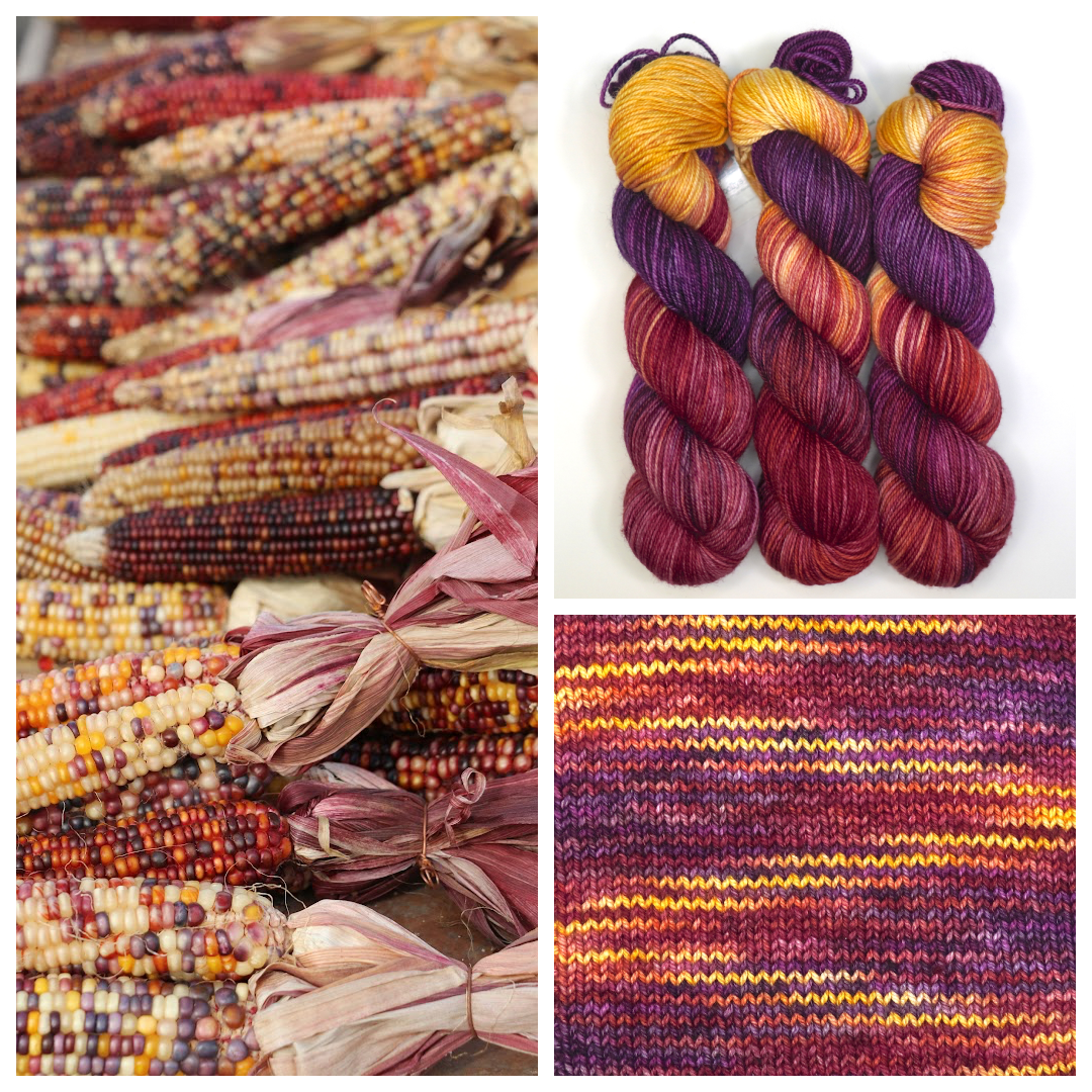 Collage of colorful corn kernels, yarn skeins, and a knitted fabric swatch.