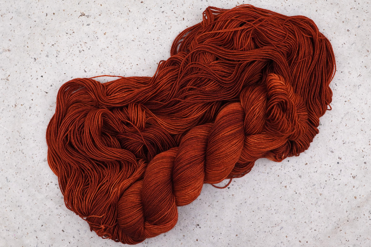 Wild Woollys Penny Laine yarn, an unwound skein showing rich rust orange and copper