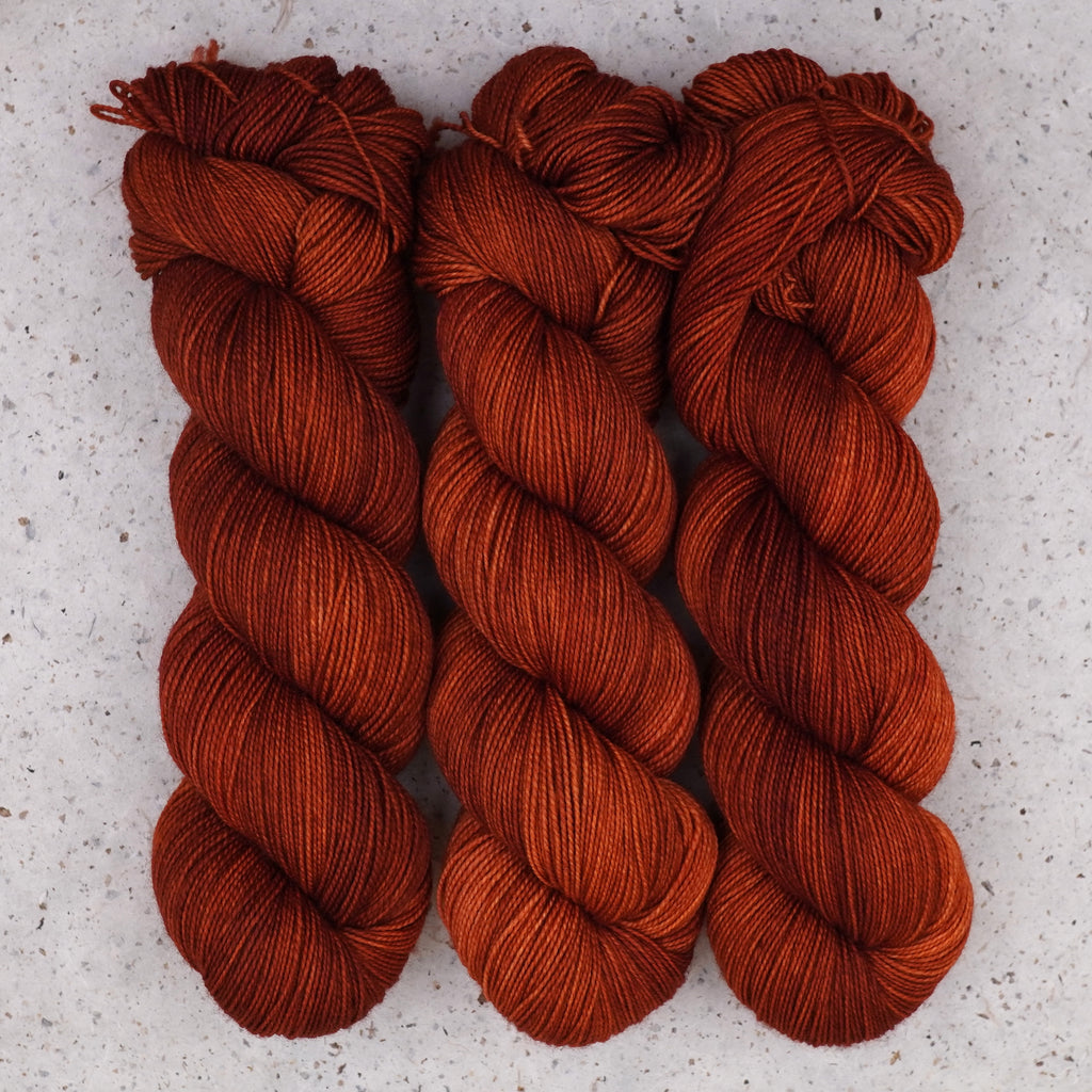 Wild Woollys Penny Laine Fingering yarn, three skeins in rich rust orange and copper