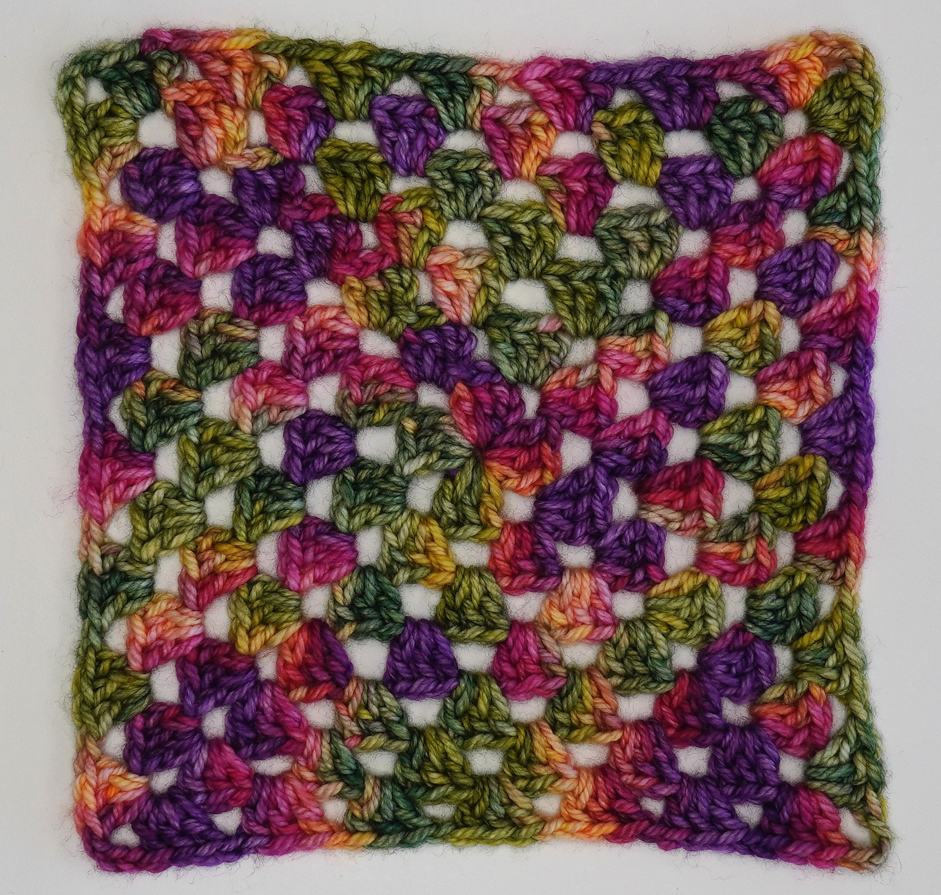 Wild Woollys Summer Berry granny square with purple, green, orange, and pink yarn