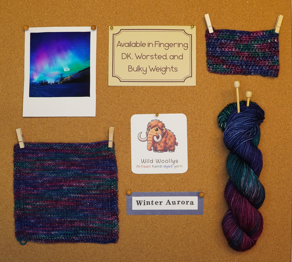 Knitted swatches and yarn on a cork board with promotional text and a photo of the Northern Lights.